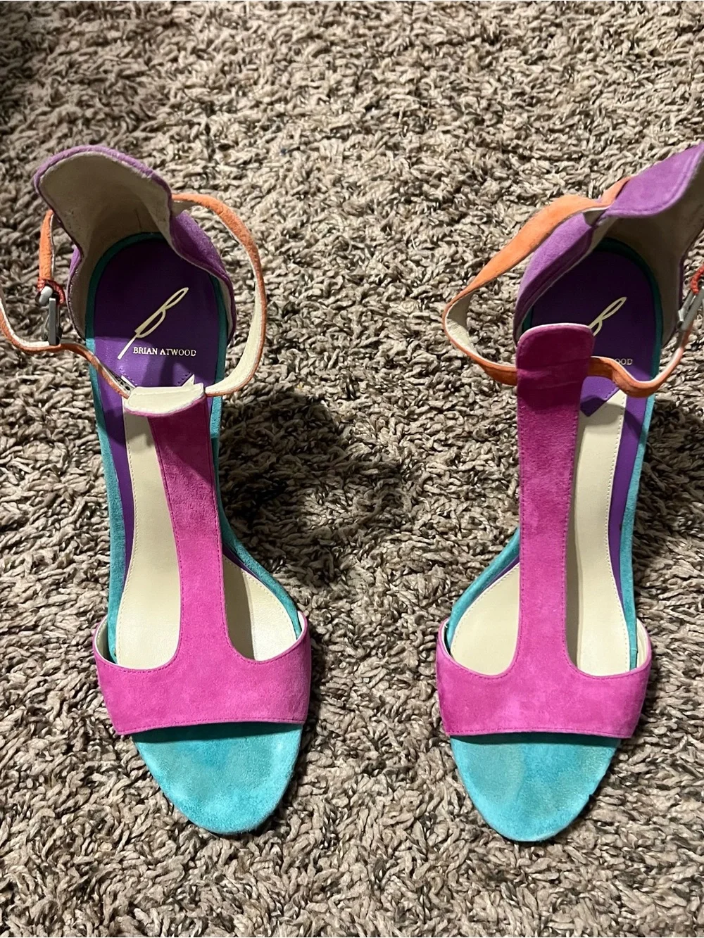 B Brian Atwood Pink, Teal & Orange Suede T-Strap Heels